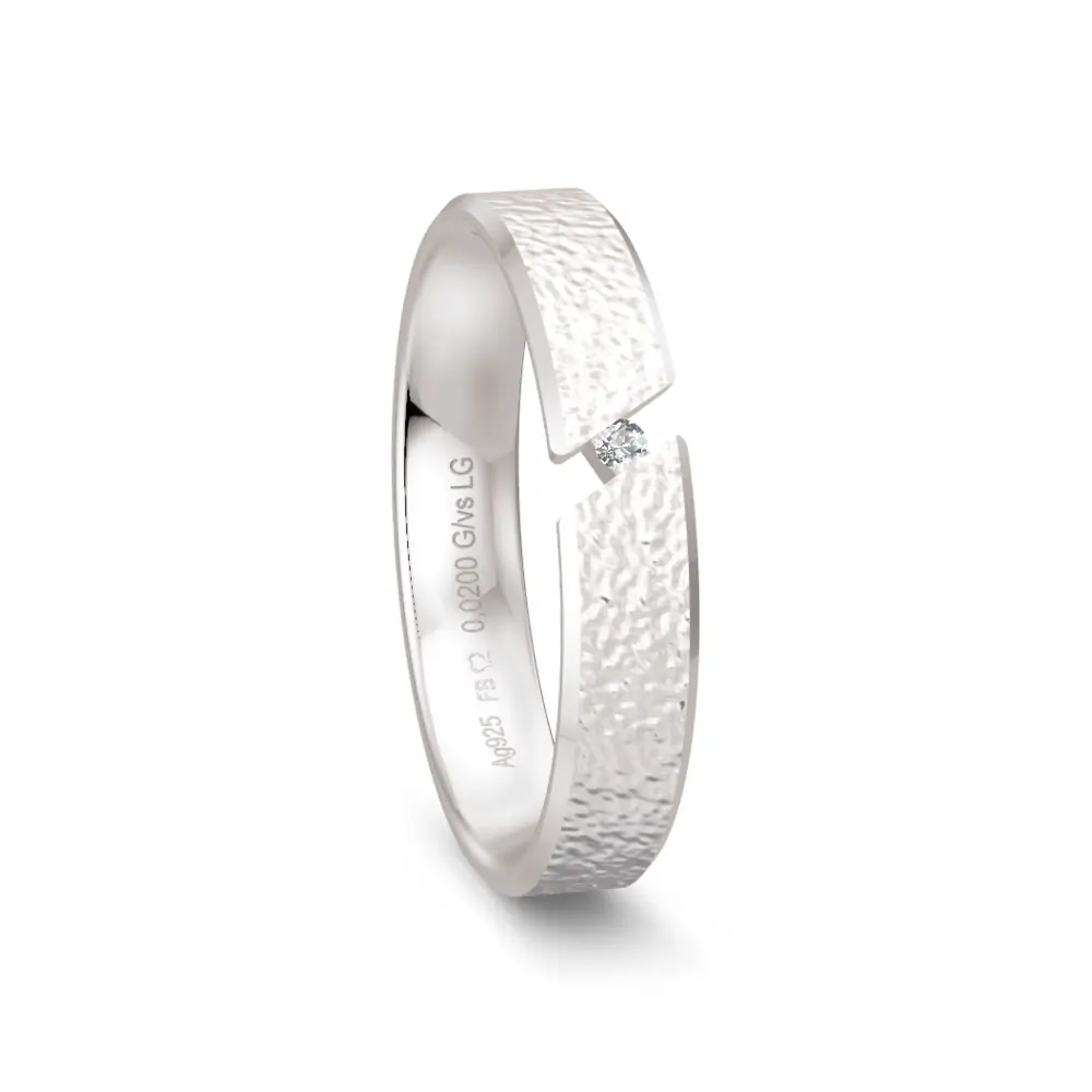 925er Silber Trauring mit Labor-Diamanten in Spann-Optik und plastischer Oberfläche