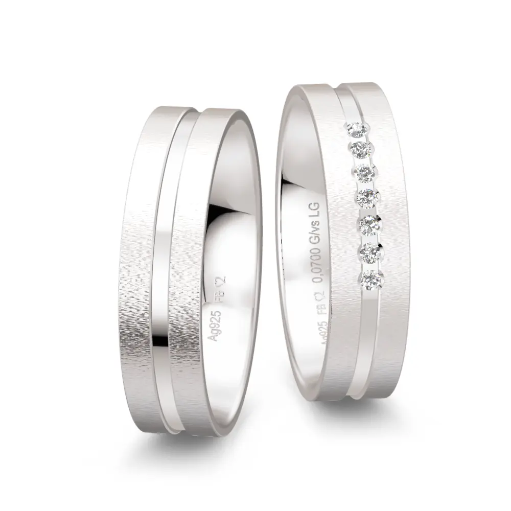 Matte 925er Silber Trauringe mit 7 Labor-Diamanten und breiter Rille