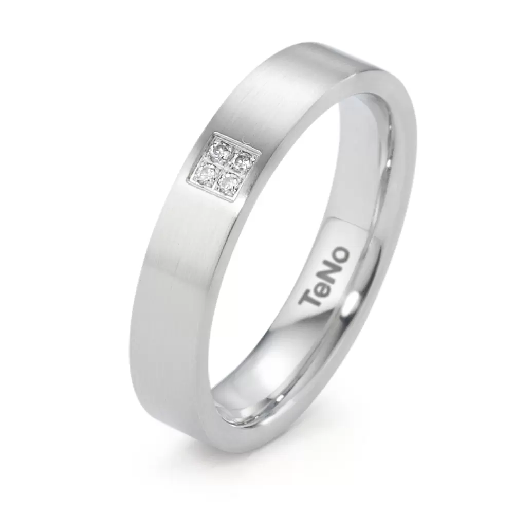 Schmaler flacher Edelstahl Ehering mit 4 Diamanten als Quadrat