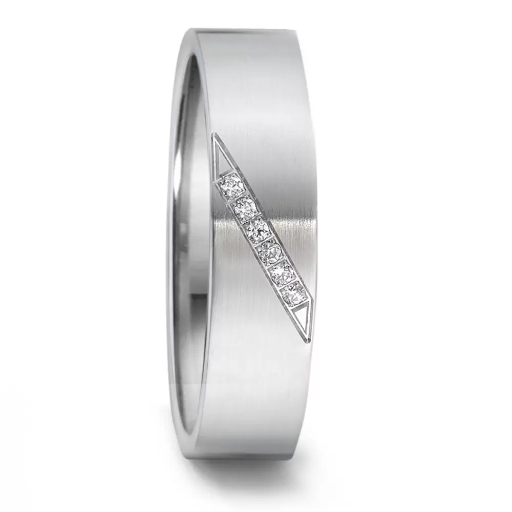 Edelstahl Ehering mit Längsmattierung und 6 Diamanten in diagonaler Umrandung