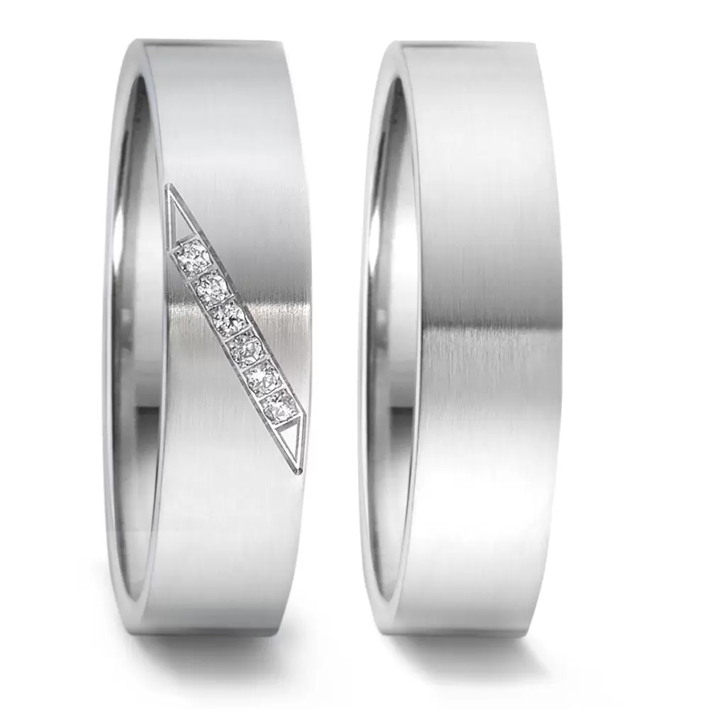 Edelstahl Eheringe mit Längsmattierung und 6 Diamanten in diagonaler Umrandung