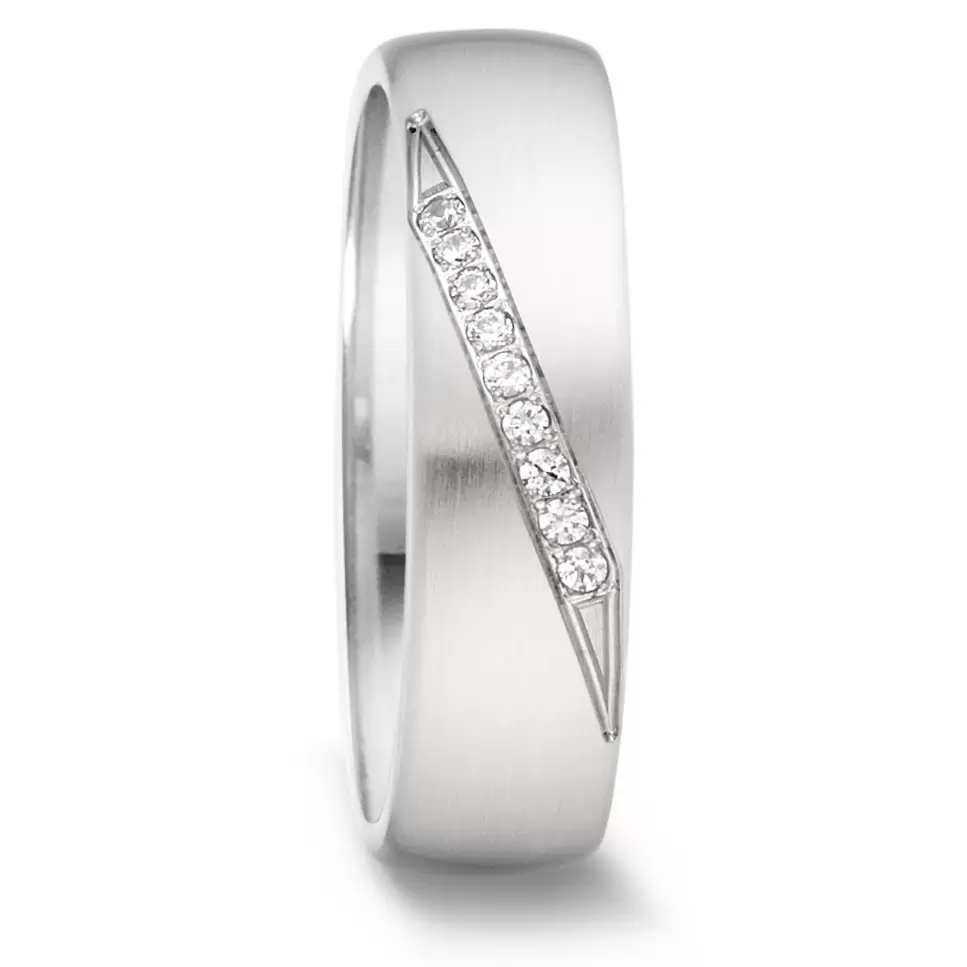 Gerundeter Edelstahl Ehering mit längsmatter Oberfläche und 9 Diamanten