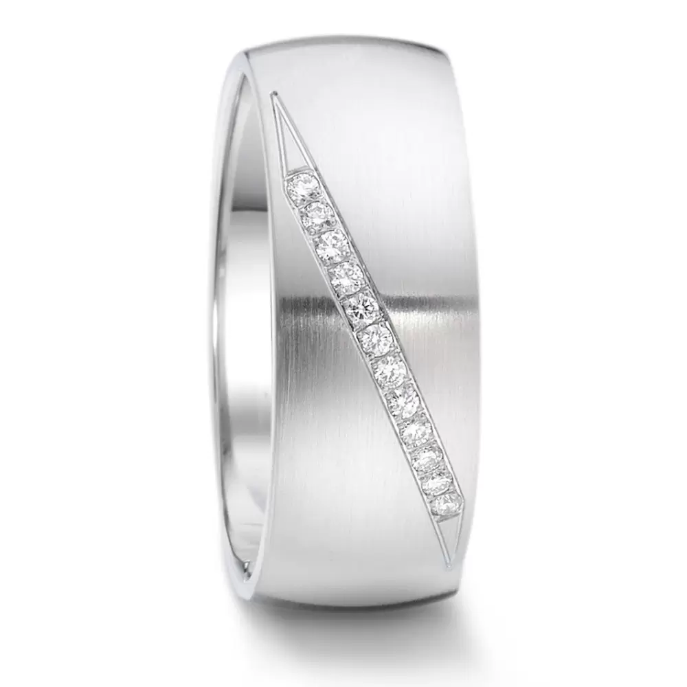 8 mm breiter Edelstahl Ehering mit 9 schräg angeordneten Diamanten längsmattiert