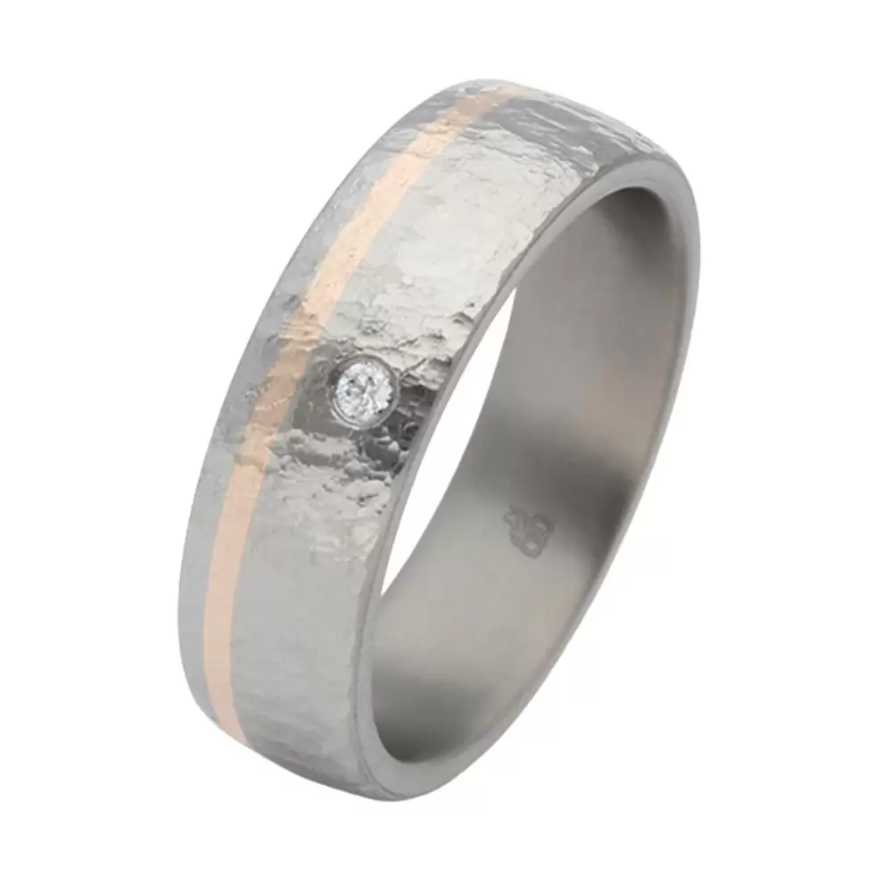 Titan&Roségold Ehering mit Labor-Diamanten in strukturierter Oberfläche