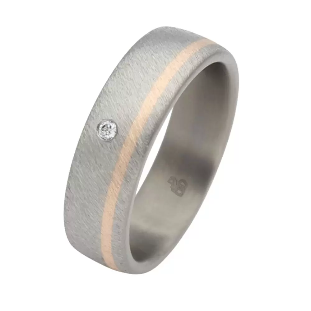 Gebürsteter Titan Ehering mit Roségold-Streifen und Labor-Diamanten