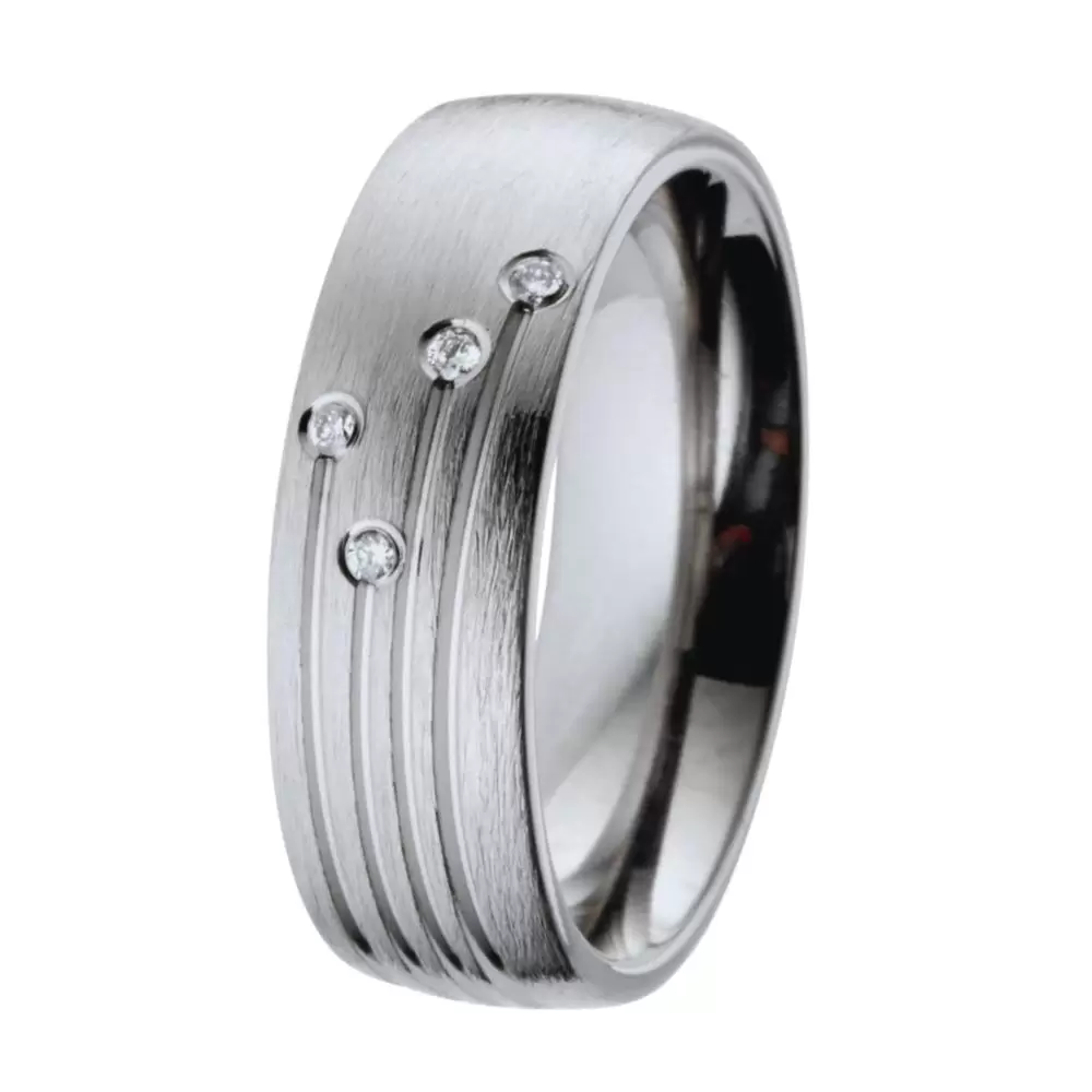 Mattierter Ehering mit Linien-Muster mit 4 Diamanten