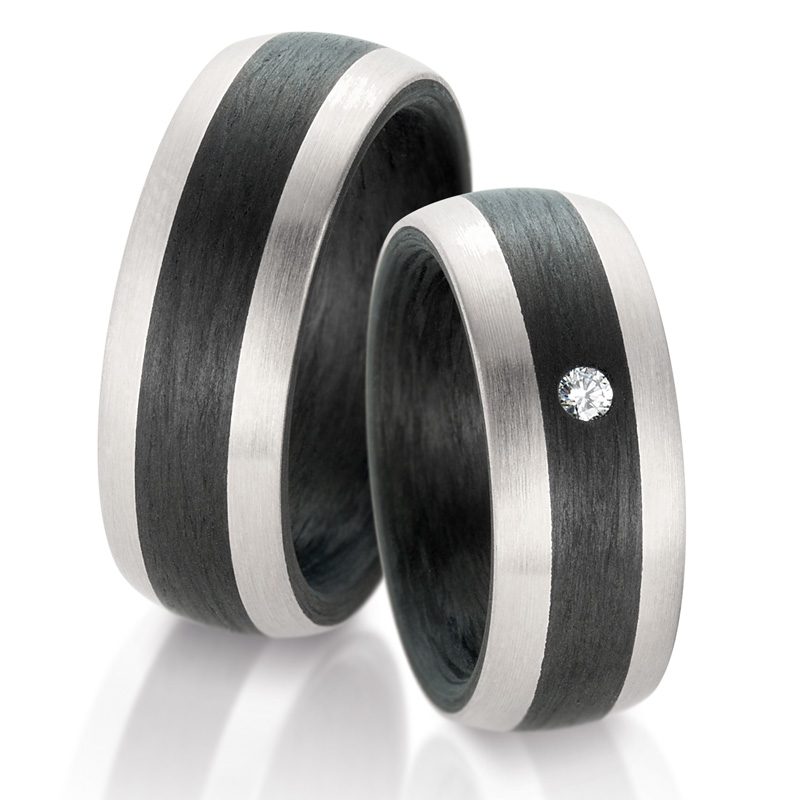 Wunderschöne breite Carbon & Weißgold 585  Partnerringe Eheringe mit einem Brillanten 59319/003/005/