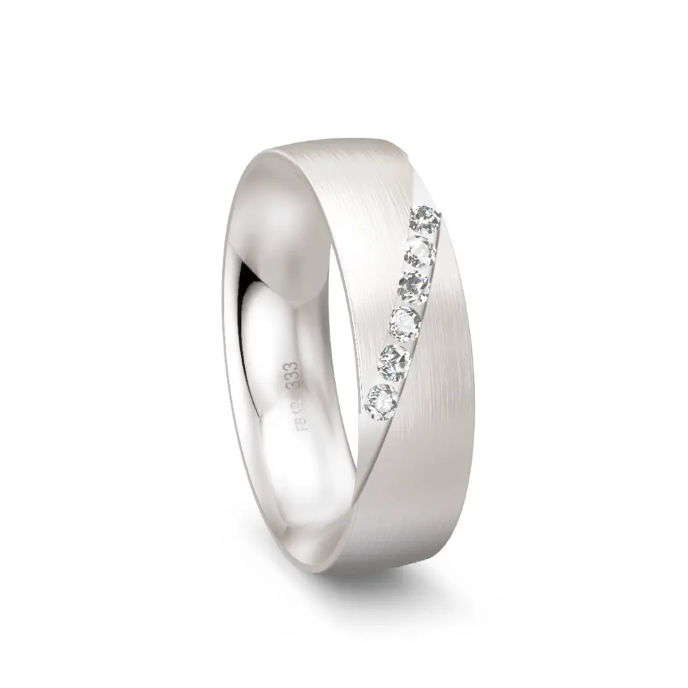 Matter Weißgold Ehering in 6 mm Breite mit 6 großen Diamanten mit je 0,025 Karat