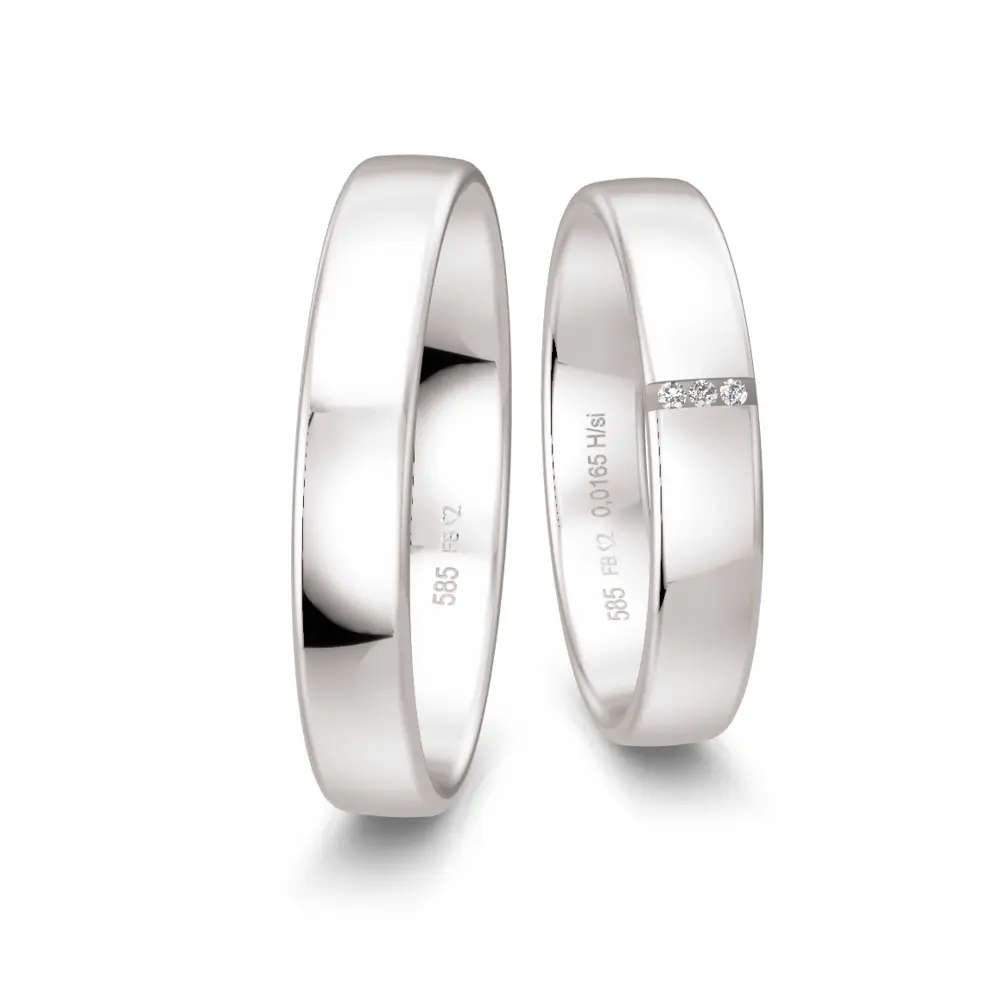 Weißgold Eheringe mit 3 Diamanten und Polierung in 4 mm