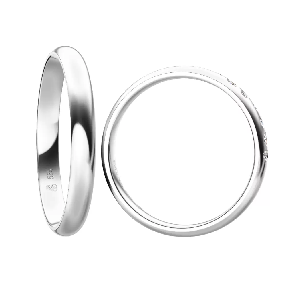 Eheringe aus poliertem Weißgold mit 7 Diamanten in Sternenhimmel Design von hinten