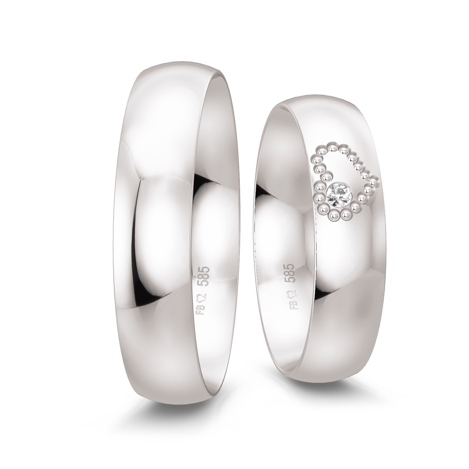 Polierte Eheringe aus Weissgold mit Diamanten und Herzmuster