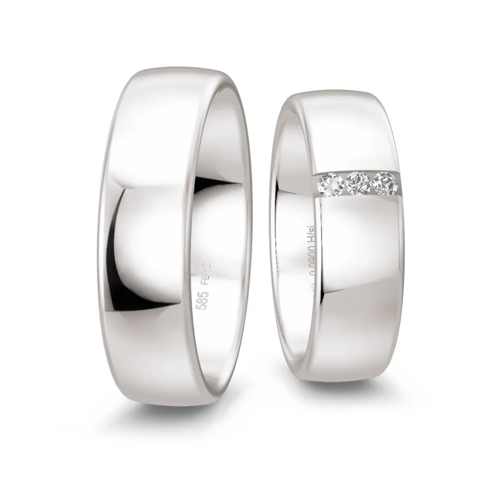 Weißgold Eheringe poliert in 6,5 mm Breite mit drei Diamanten