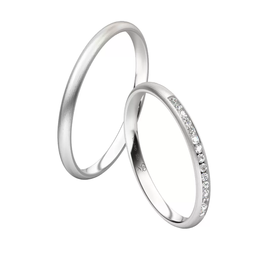 Eheringe aus mattem Weißgold in schmalem Design mit 15 Diamanten