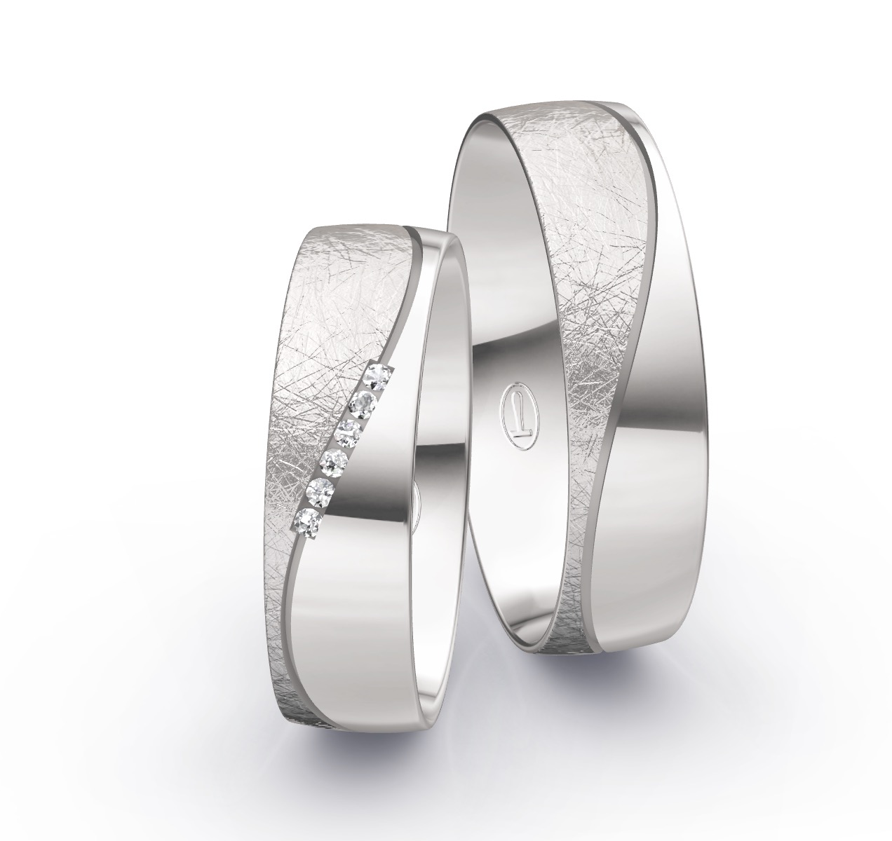 Eheringe aus Weissgold eismattnund poliert mit 6 Diamanten
