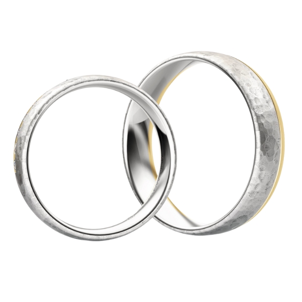 Eheringe aus Weißgold/Gelbgold mit Hammerschlag und Labor-Diamanten von hinten