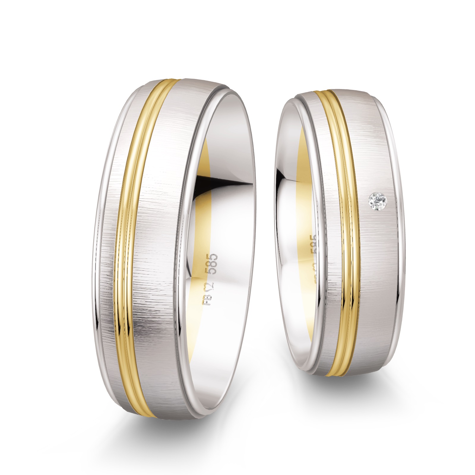 Weißgold Eheringe quermattiert mit Fuge in Gelbgold mit Diamant