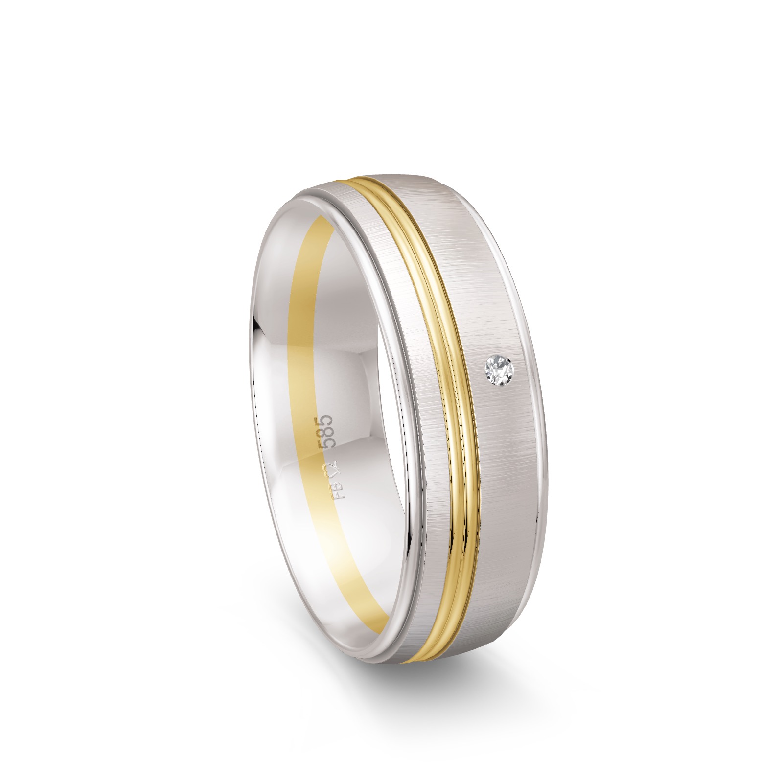 Weißgold Ehering quermattiert mit Fuge in Gelbgold mit Diamant