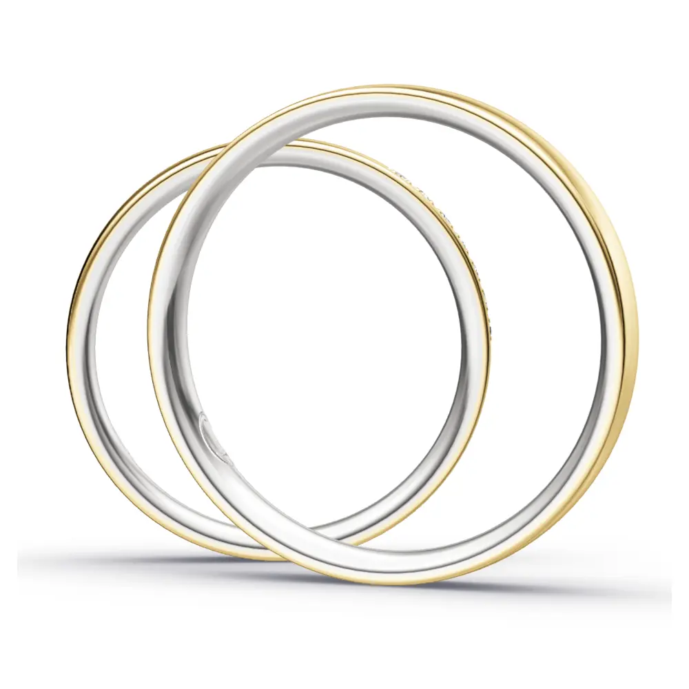 Schmale Weißgold und Gelbold Eheringe mit 7 Diamanten seitlich