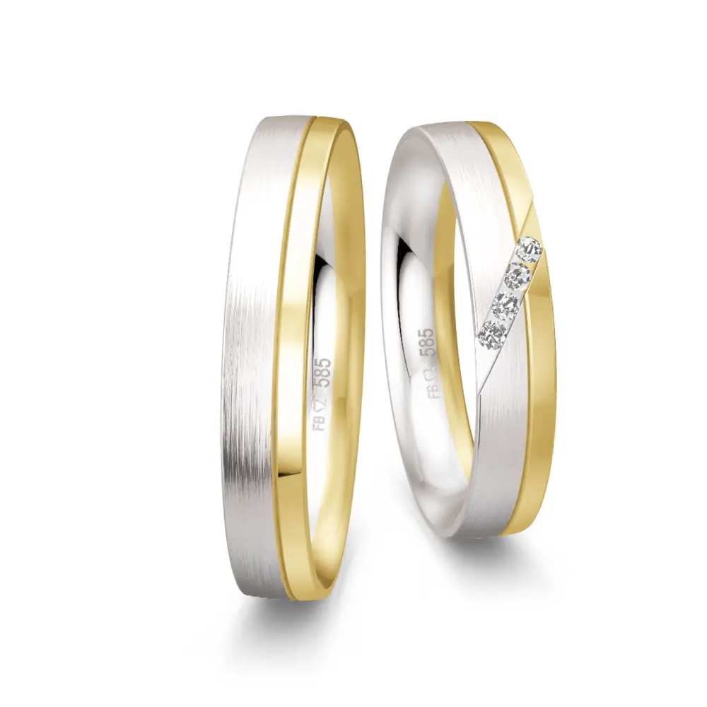 Bicolore Weiß&Gelbgold Eheringe mit 4 Diamanten mit je 0,02 Karat