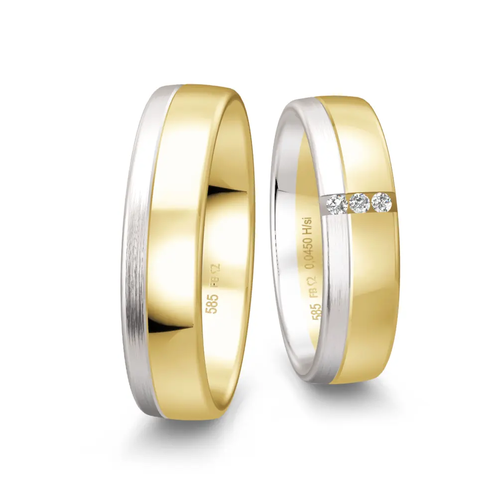 Bicolore Gelbgold Eheringe mit Weißgold-Streifen und 3 Diamanten je 0,015 Karat