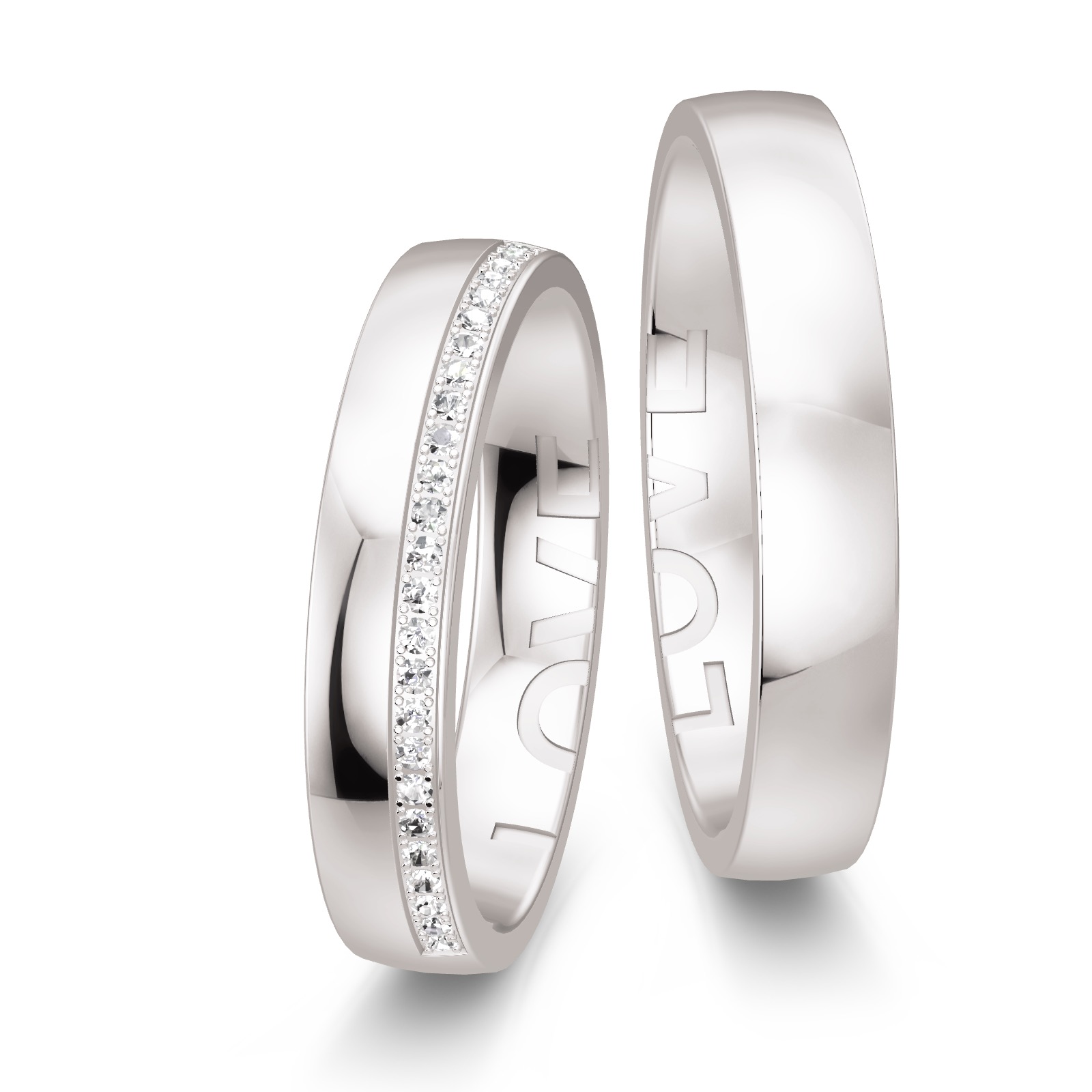 Eheringe aus poliertem Weißgold mit Diamanten und ringübergreifendem LOVE Schriftzug