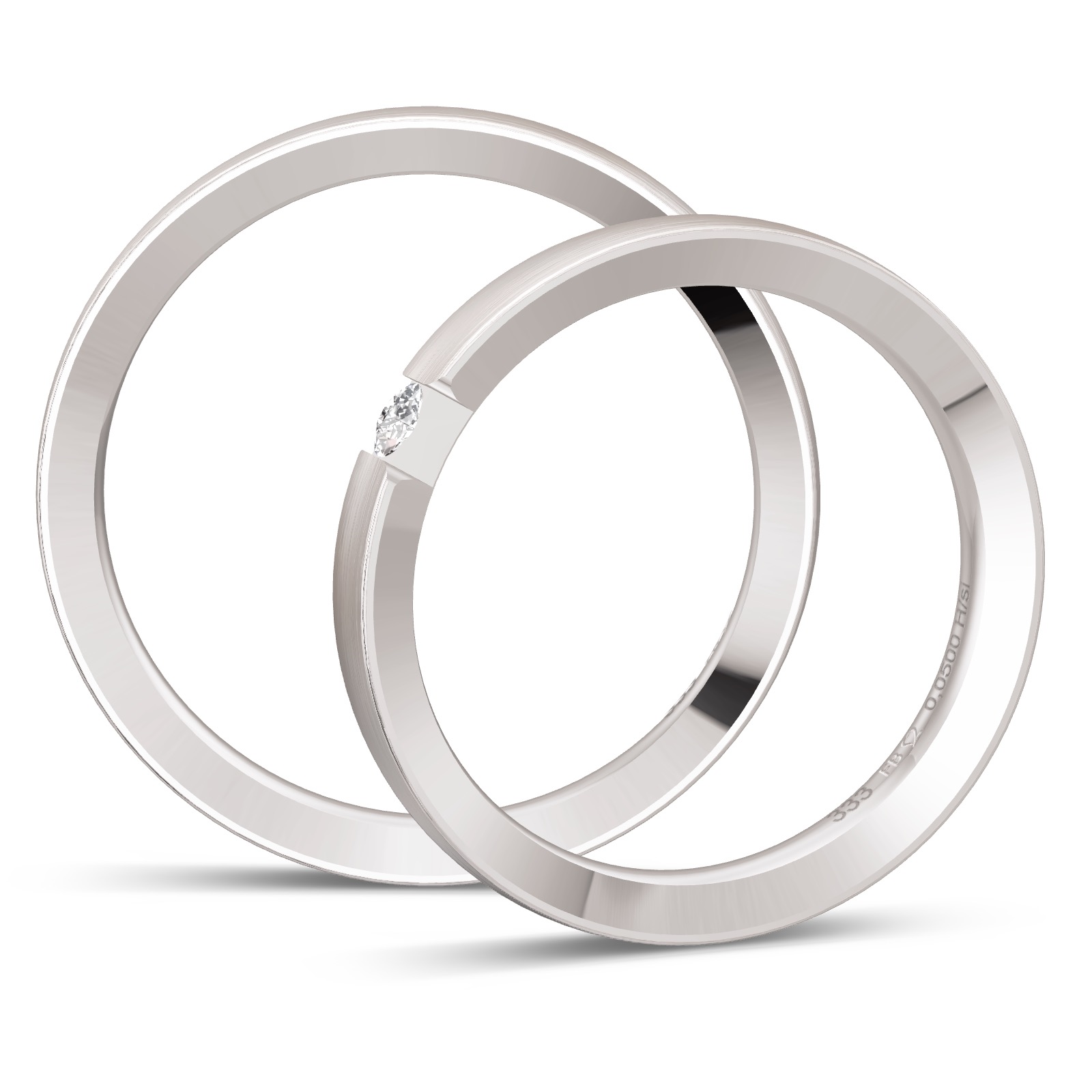Flache mattierte Eheringe aus Weissgold mit Diamanten in Seitenansicht