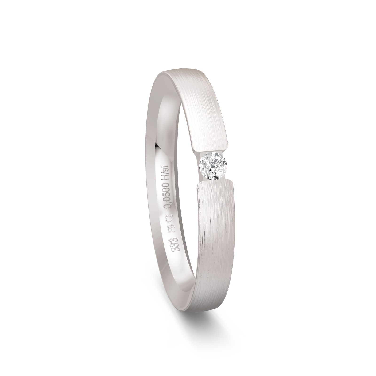 Flacher mattierter Ehering aus Weissgold mit Diamanten