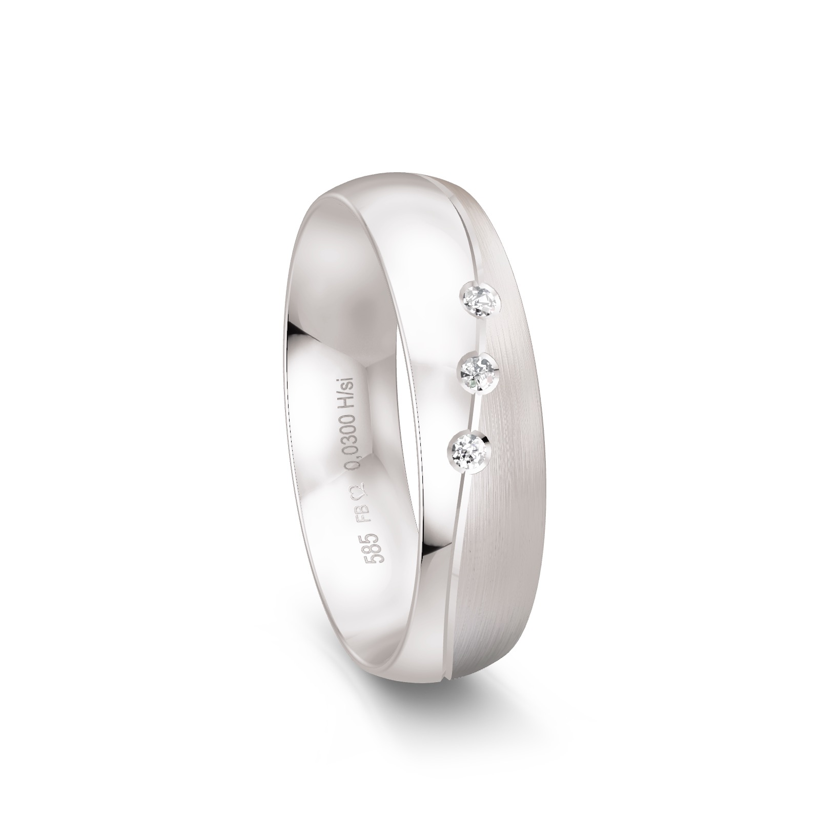 Trauring aus Weissgold mit 3 Diamanten und Polierung und Mattierung und Rille