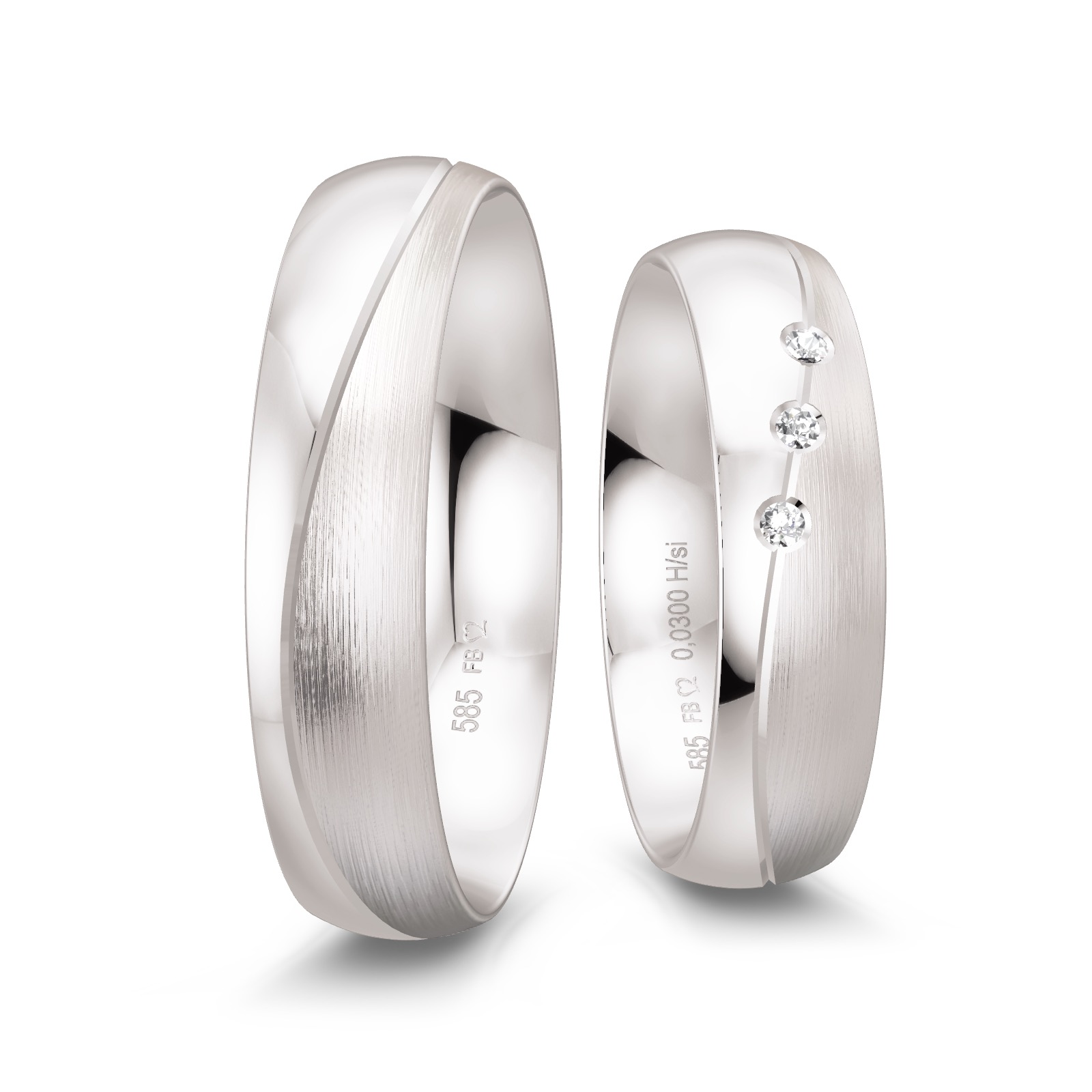 Trauringe aus Weissgold mit 3 Diamanten und Polierung und Mattierung und Rille
