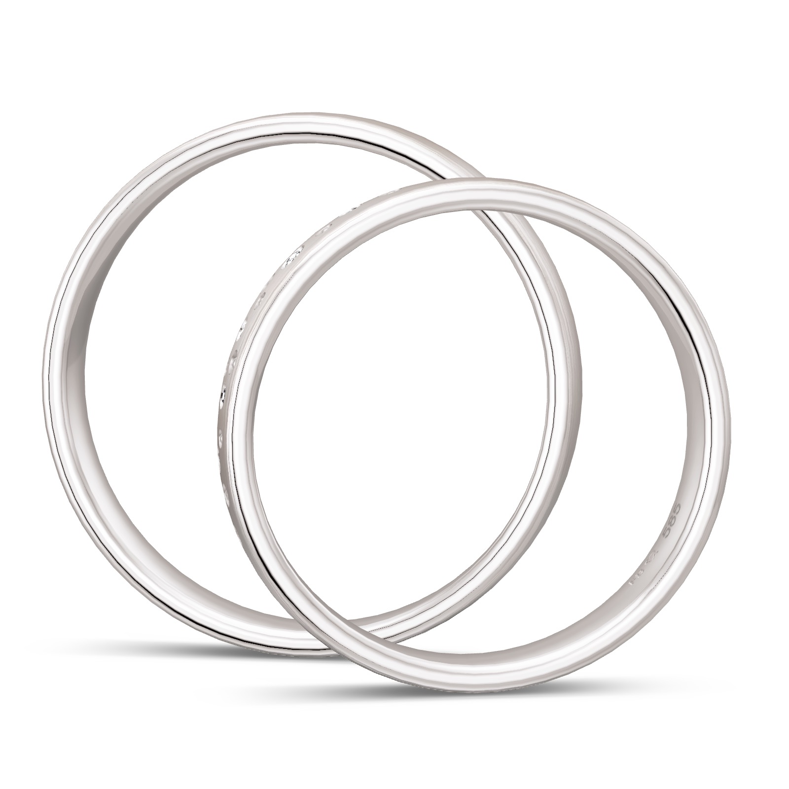 Matte Trauringe aus Weissgold mit vielen Diamanten als Sternenhimmel in Seitenansicht