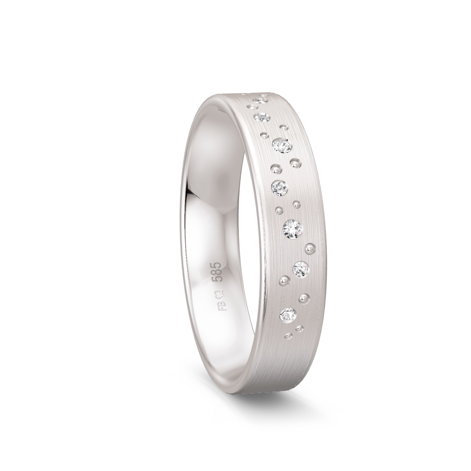 Mattierter Ehering aus Weissgold mit 7 Diamanten und Muster aus Kreisen