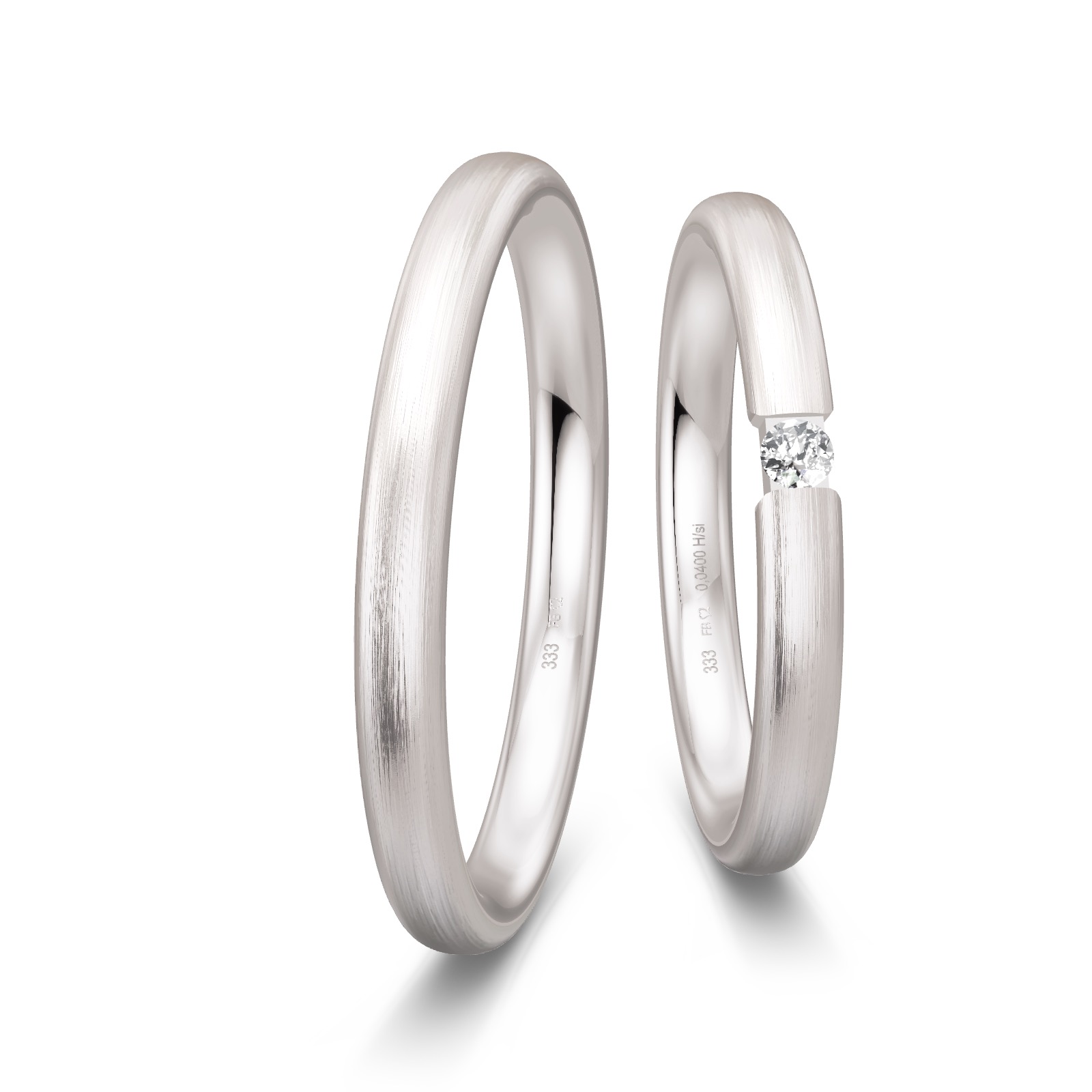 Schmale Eheringe aus Weissgold mit Diamanten und Längsmattierung