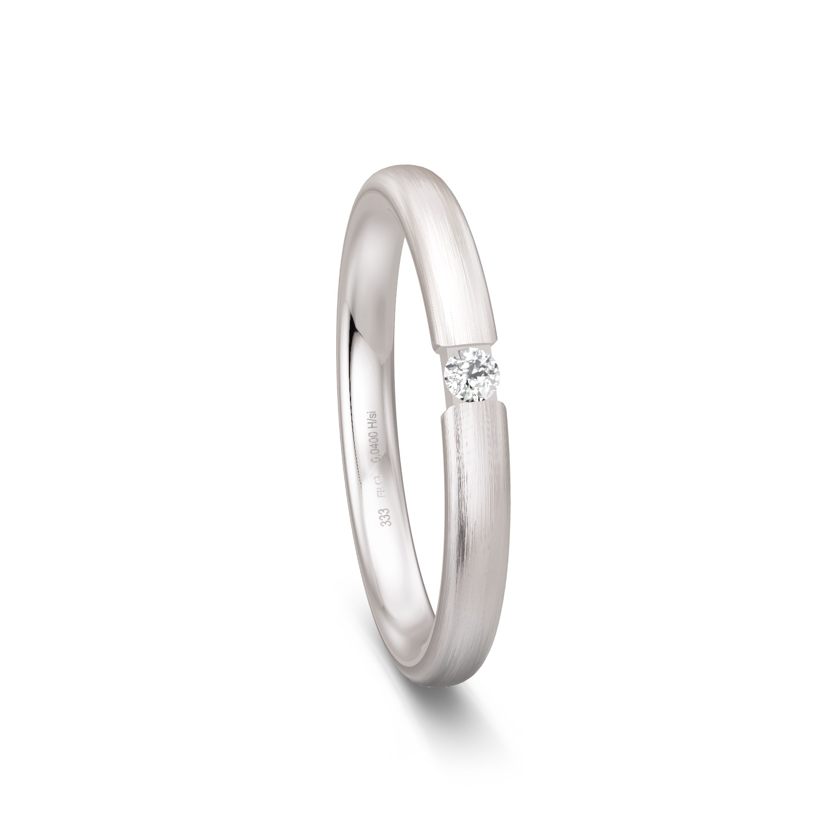 Schmaler Ehering aus Weissgold mit Diamanten und Längsmattierung