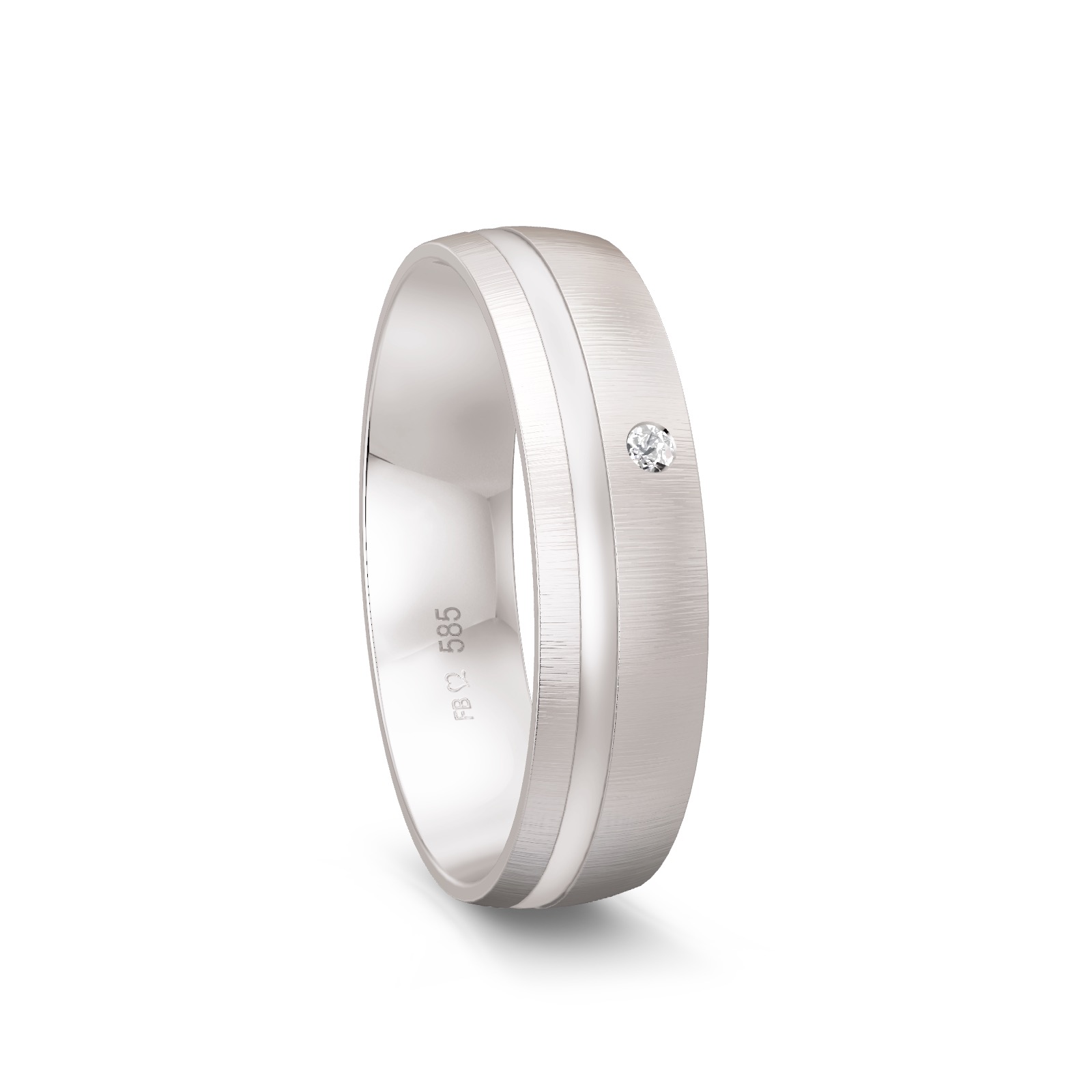 Weissgold Ehering quermattiert mit hochpolierter gewölbter Rille und Diamanten