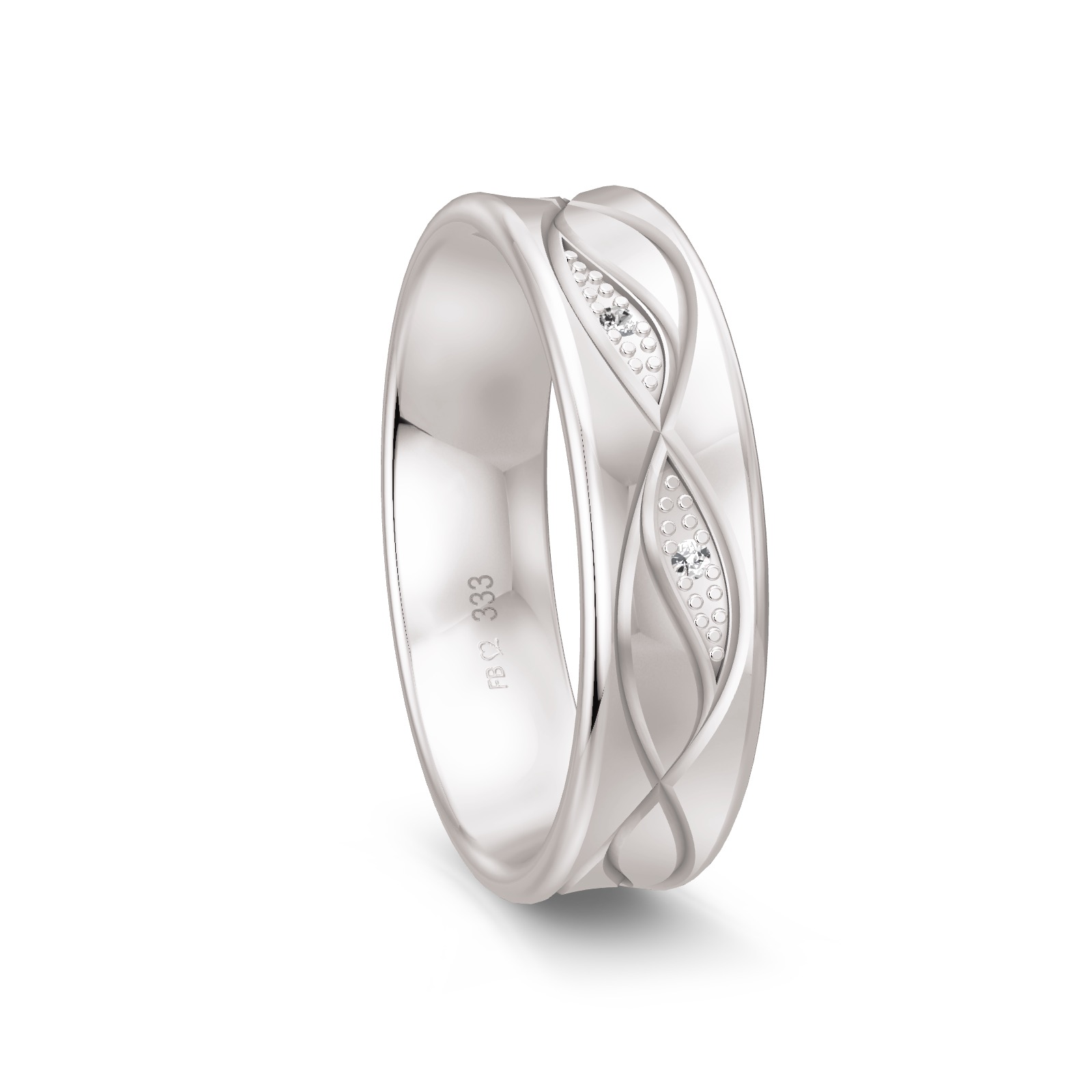 Konkaver Weißgold Ehering mit 2 Diamanten und gewundenen Rillen