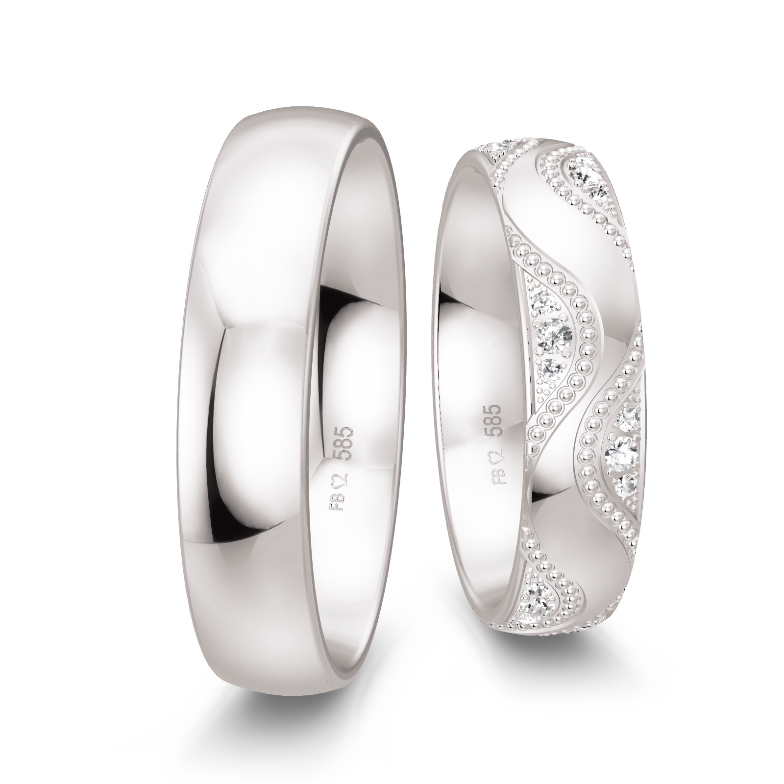 Eheringe aus Weißgold mit poliertem Herrenring und Damenring mit Diamanten und Millgriff