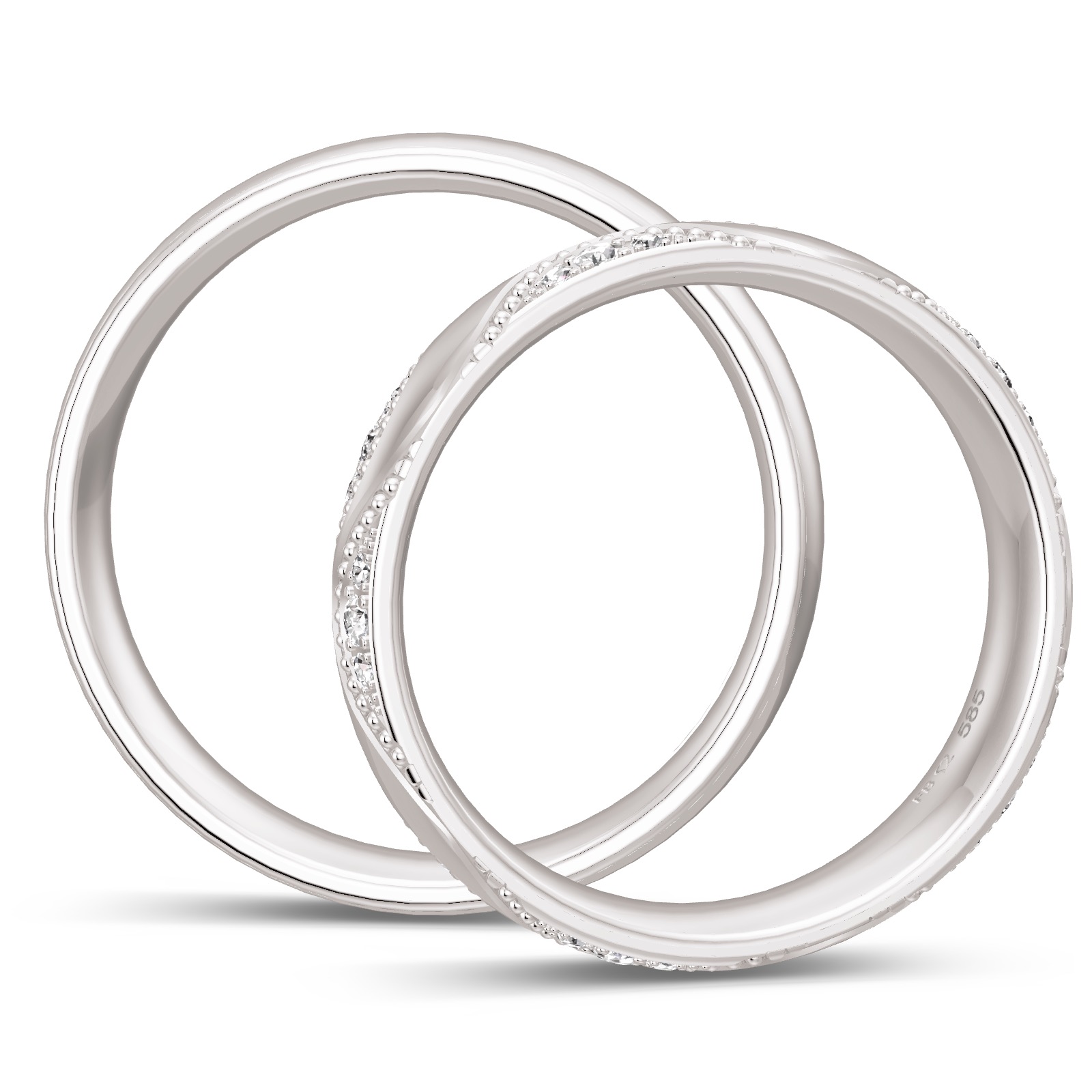 Eheringe aus Weißgold mit poliertem Herrenring und Damenring mit Diamanten in Seitenansicht