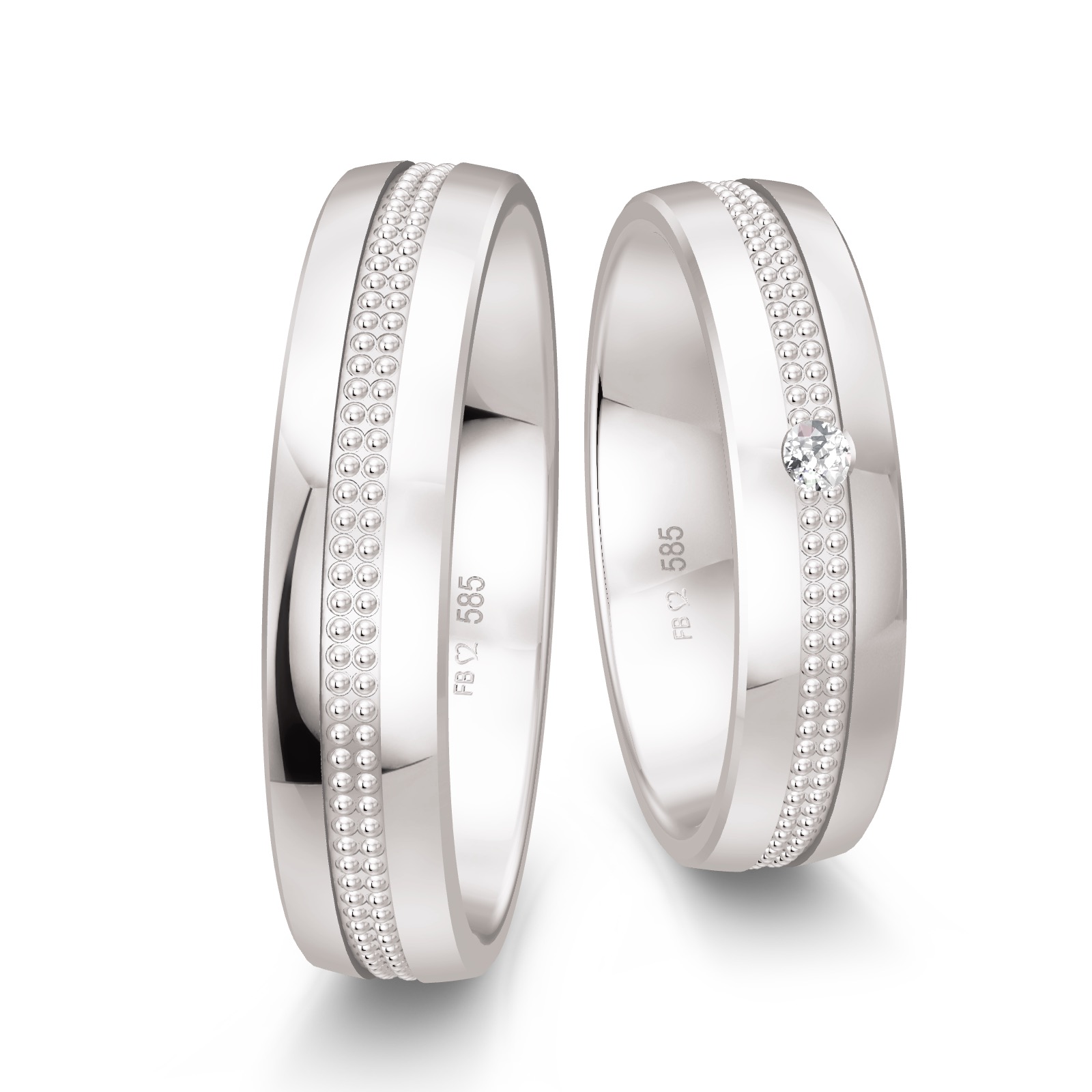 Eheringe aus Weißgold mit Mittelstreifen aus Millgriff und Diamanten