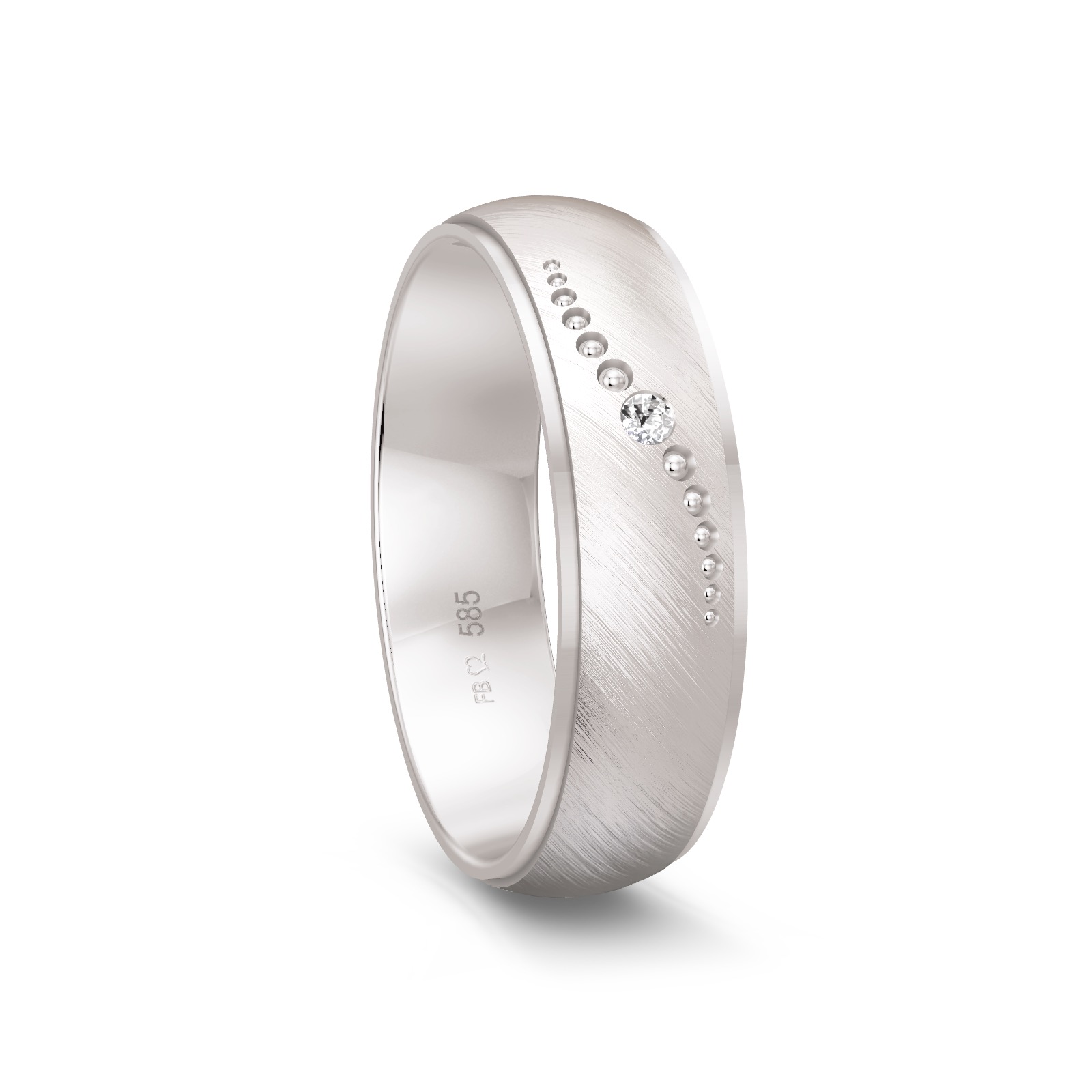 Ehering aus mattiertem Weißgold mit Diamanten und Muster aus Kreisen