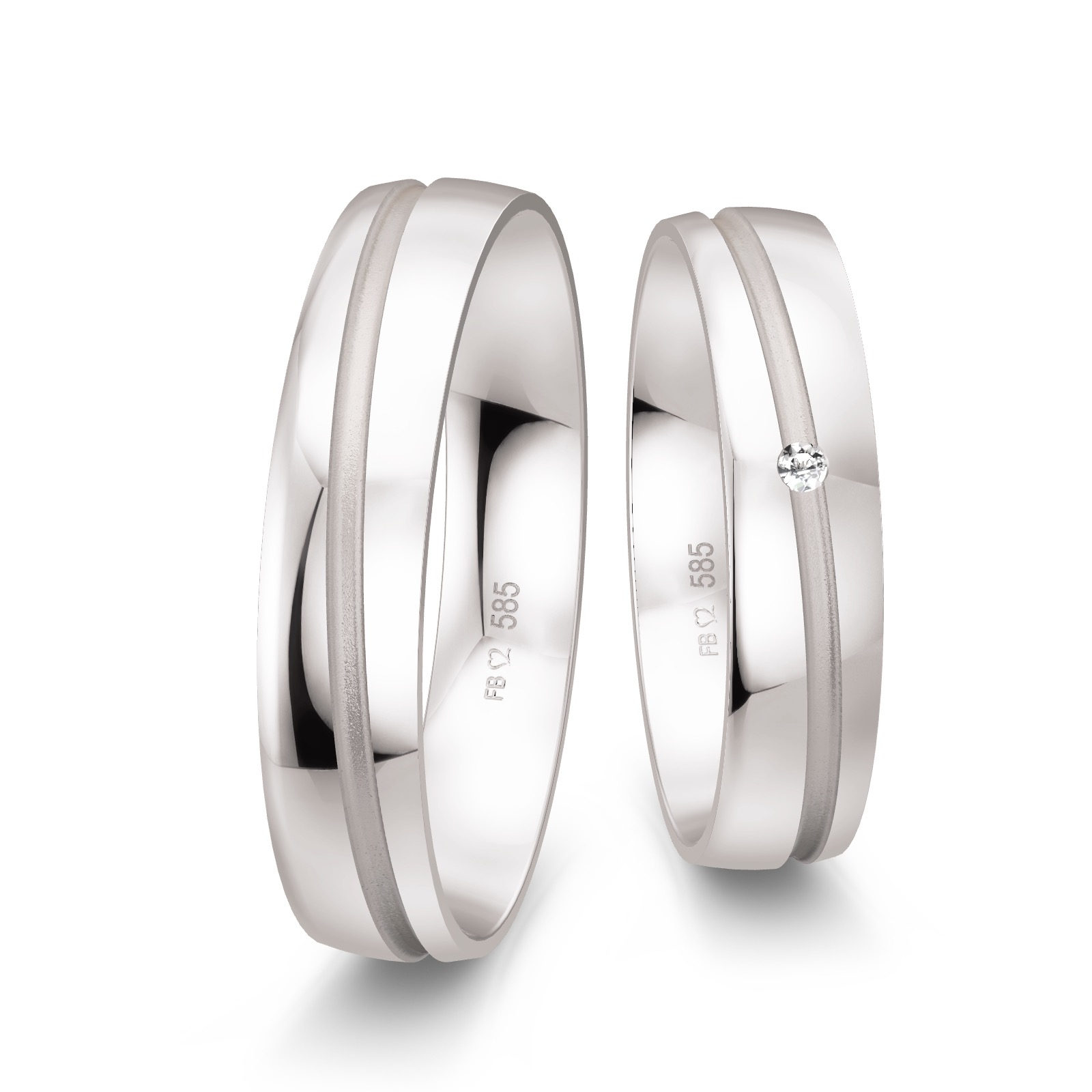 Weissgold Eheringe mit Polierung und matter Mittelfuge und Diamanten