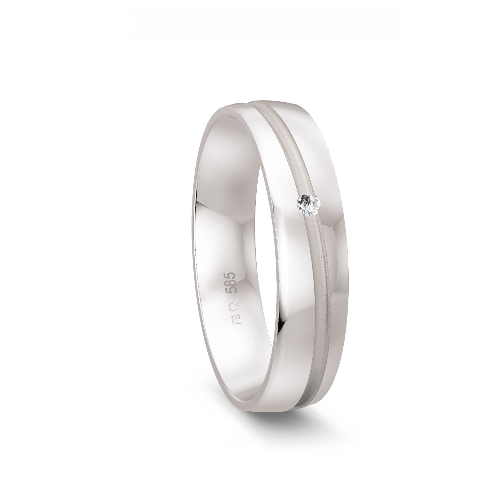 Weissgold Ehering mit Polierung und matter Mittelfuge und Diamanten