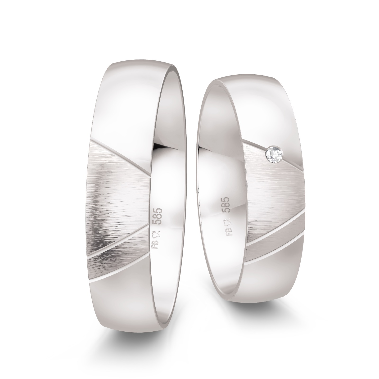 Weissgold Ringe mit drei schmalen Fugen und Diamanten
