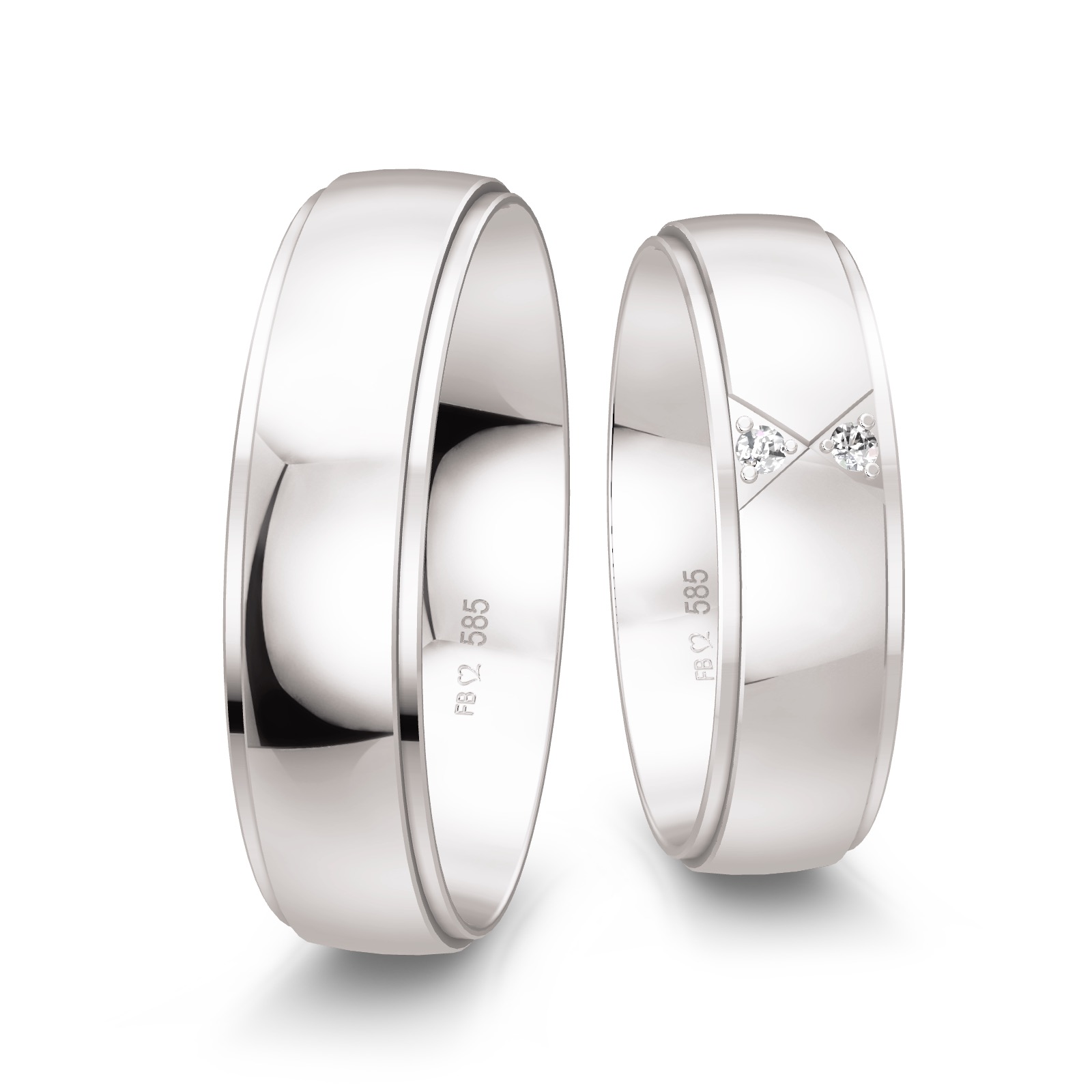 Polierte Weissgold Trauringe mit Schmetterling Muster und 2 Diamanten