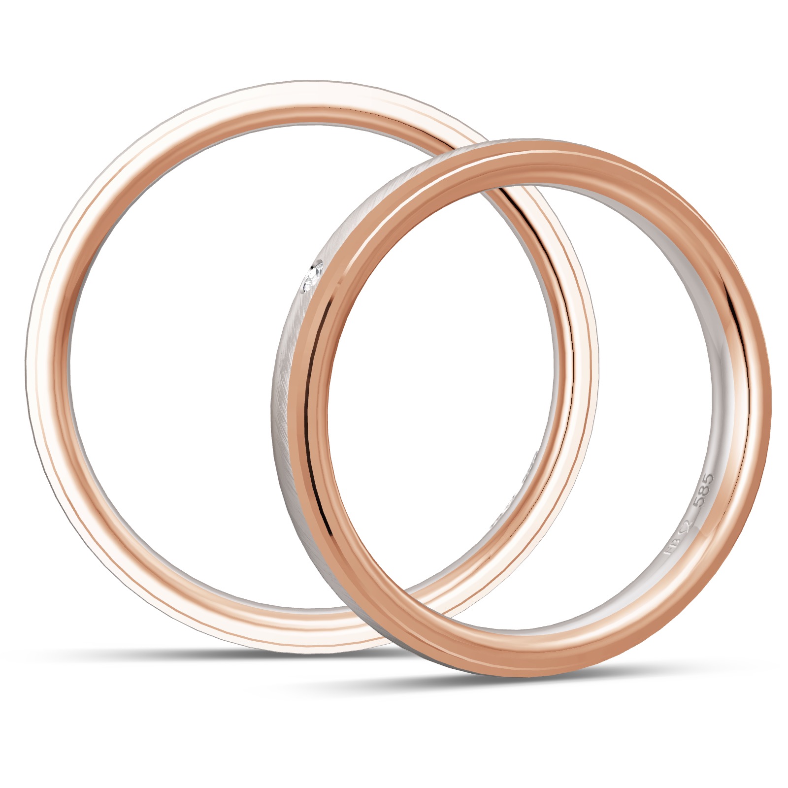 Weißgold Trauringe mit Rand aus Roségold und Diamant in Seitenansicht