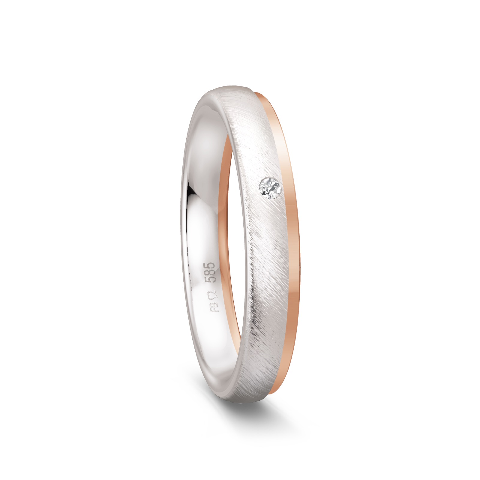 Weißgold Trauring mit Rand aus Roségold und Diamant