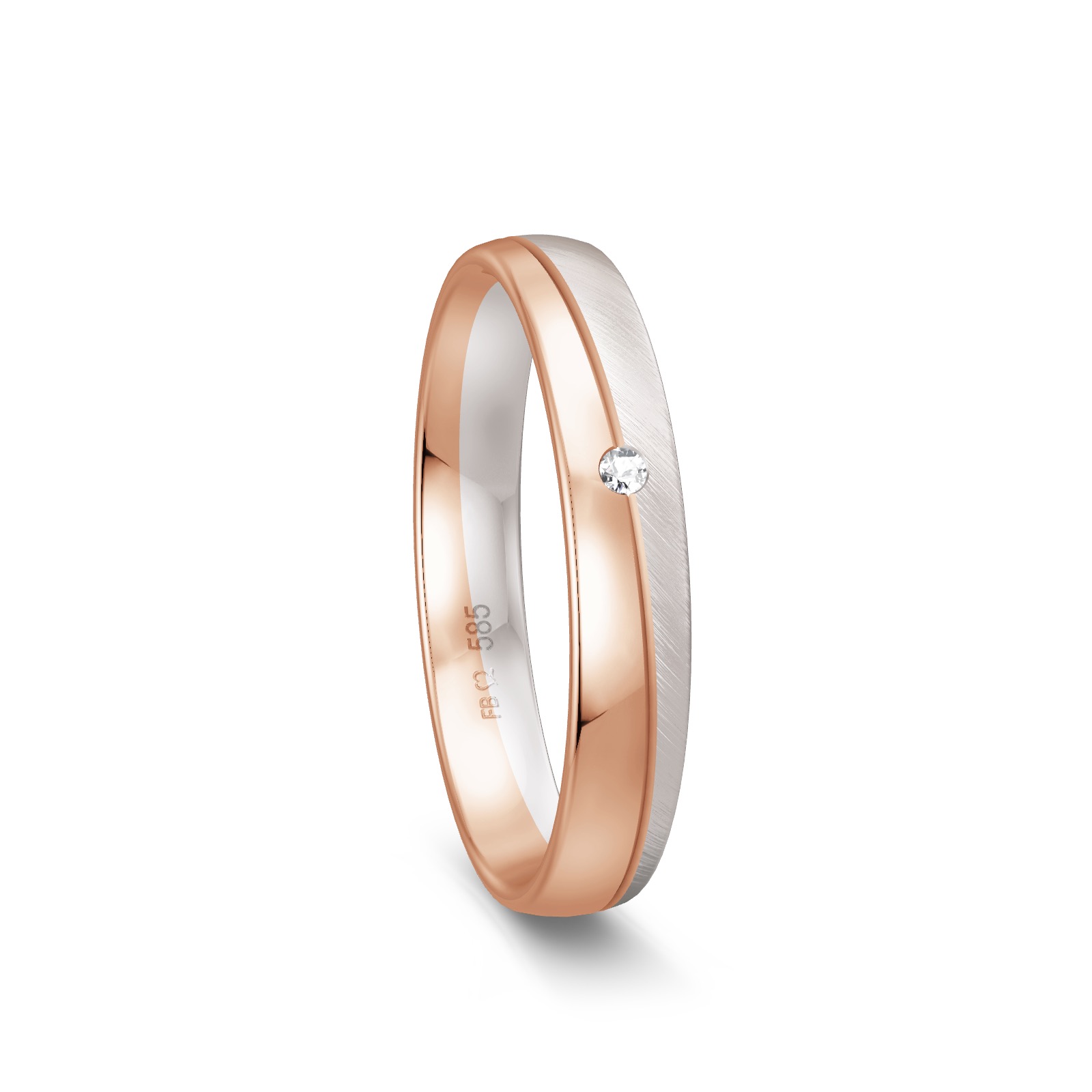 Trauring aus poliertem Roségold und mattiertem Weißgold mit diagonaler Rille mit Diamant