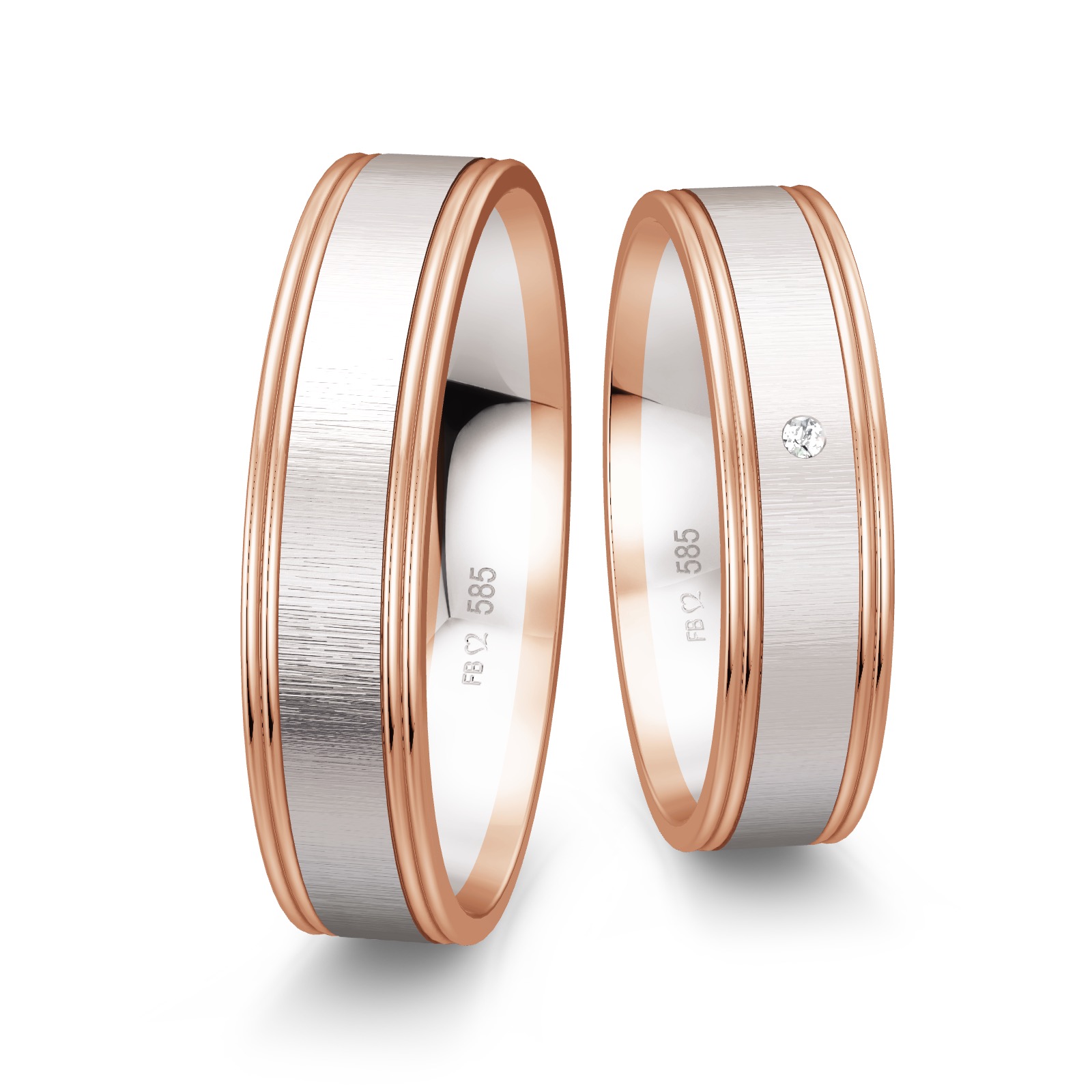 Quermattierte Weißgold Eheringe mit Rotgold Rändern und Diamanten