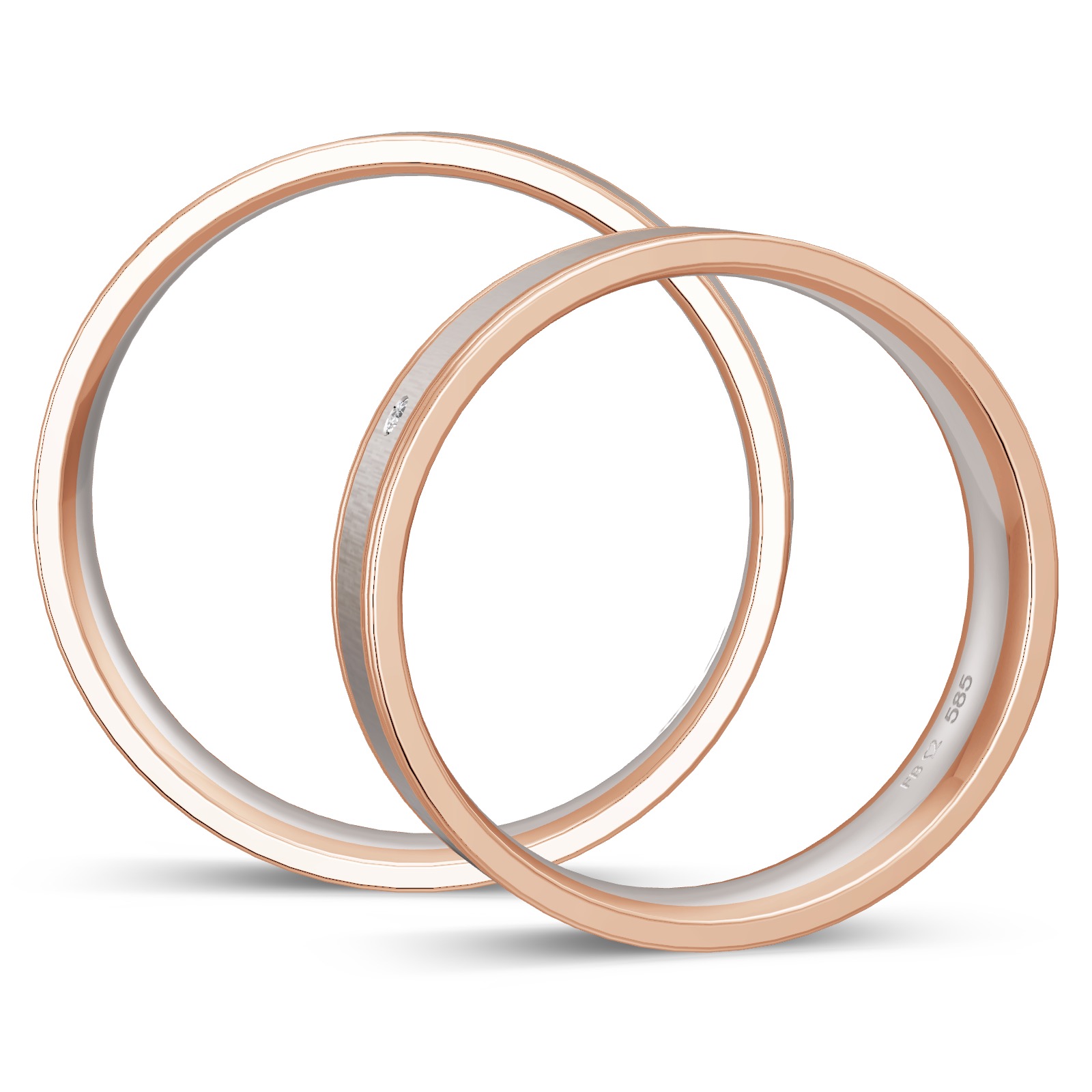 Quermattierte Weißgold Eheringe mit Rotgold Rändern und Diamanten in Seitenansicht