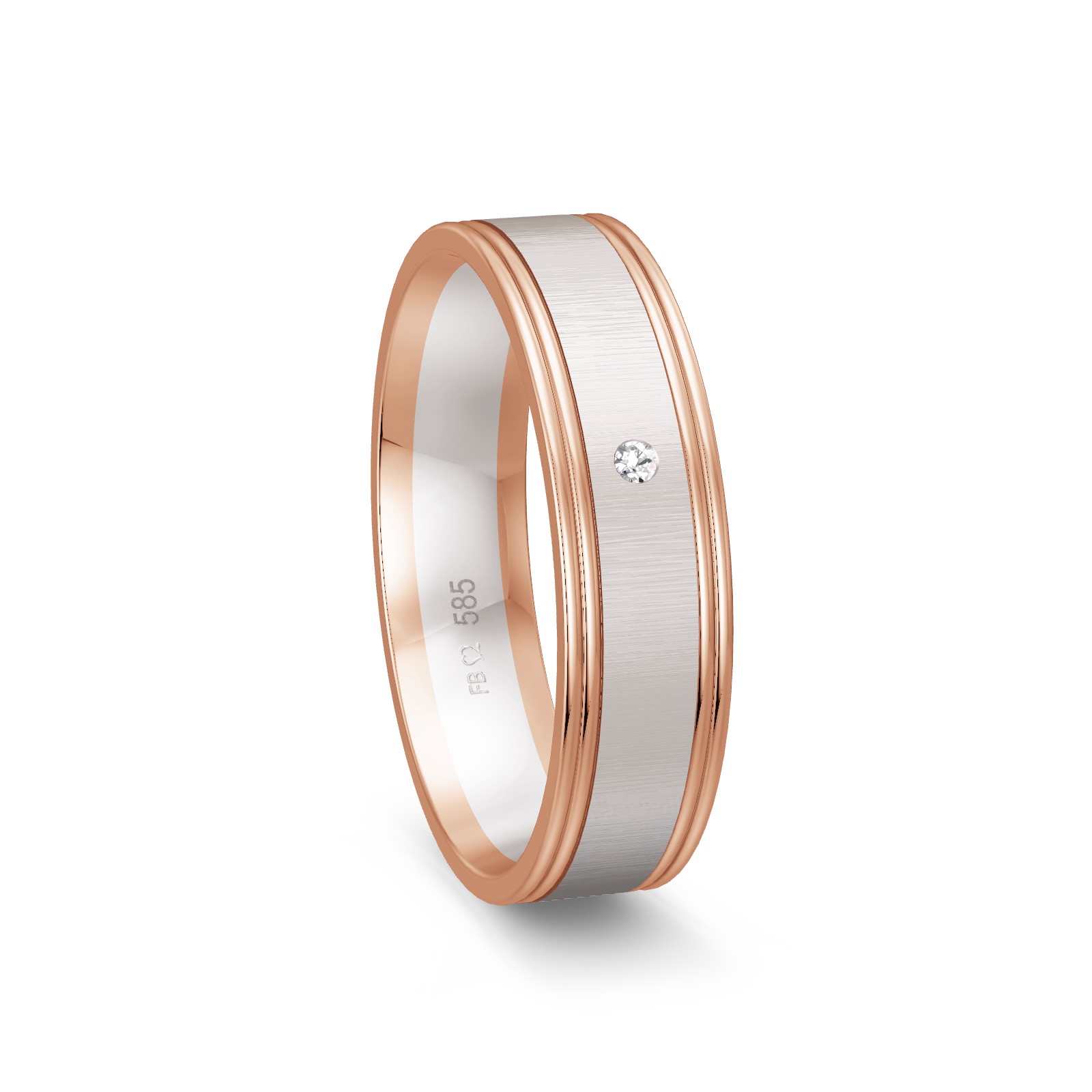 Quermattierter Weißgold Ehering mit Rotgold Rändern und Diamanten