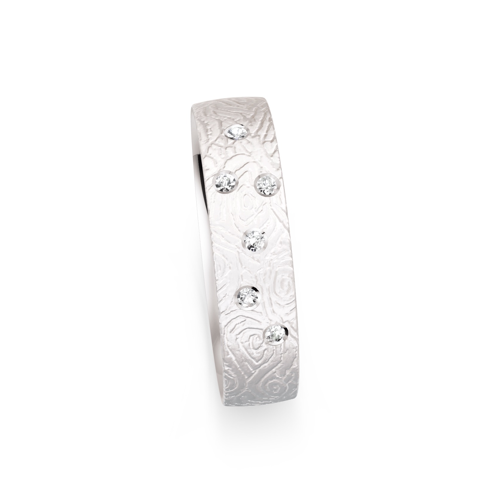 Ehering aus Weißgold mit Sternenhimmel Diamanten und gemaserter Oberfläche